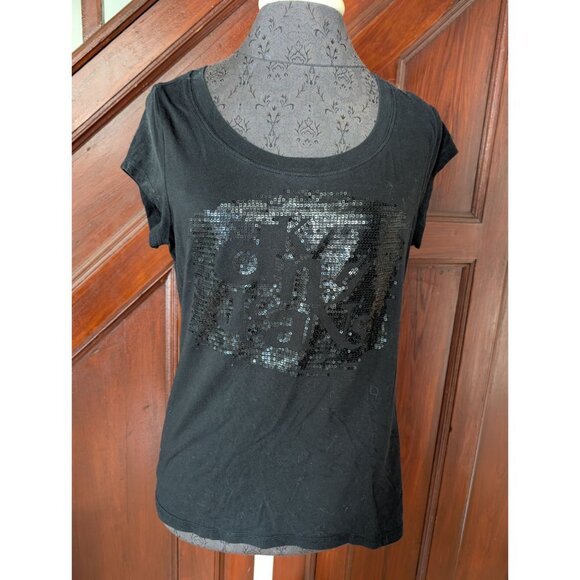 DKNY Jeans Womens Black Short Sleeve Sequin Logo T-Shirt Size Large Cotton Blend - Picture 1 of 6